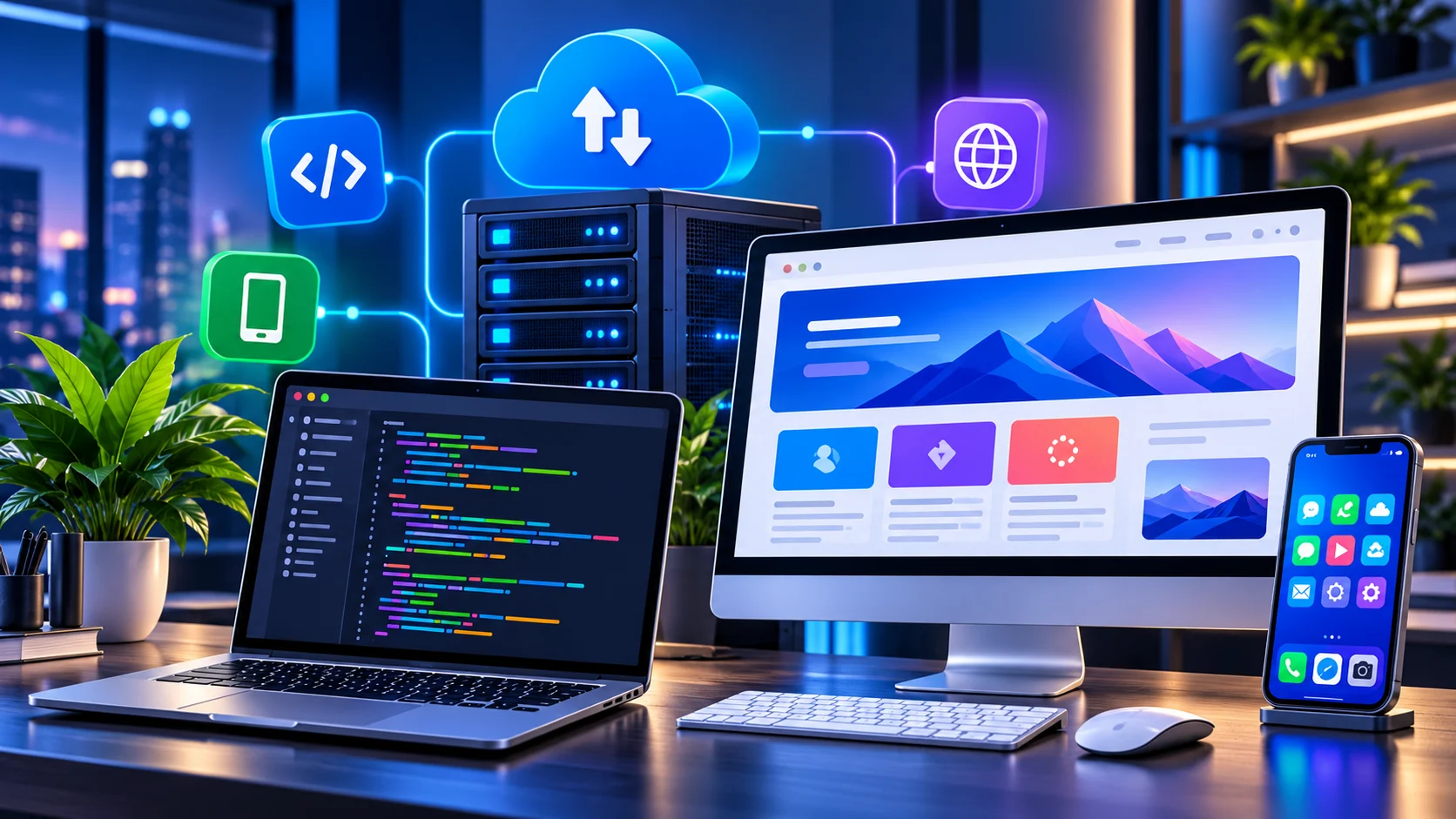 Conceptual illustration of website design, custom applications and connected IT systems