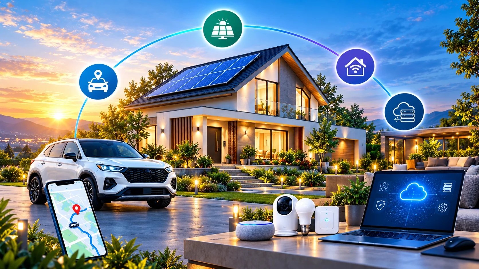 Conceptual illustration of solar energy, vehicle tracking, smart-home security and IT services