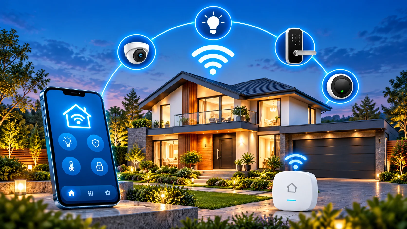 Conceptual smart-home illustration showing connected lighting, security and home controls