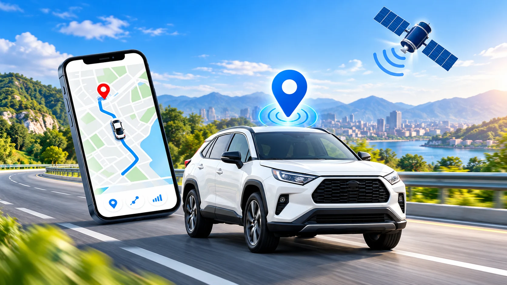 Conceptual GPS tracking illustration with a vehicle, map and location signals
